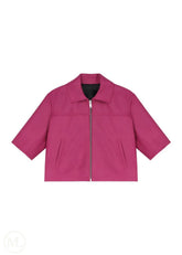 Kaia – Women’s Cropped Half-Sleeve Leather Jacket with Shirt Collar - Fuchsia - white bg
