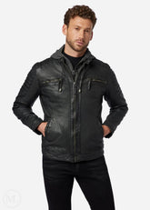 Man wearing a black leather jacket on a white background