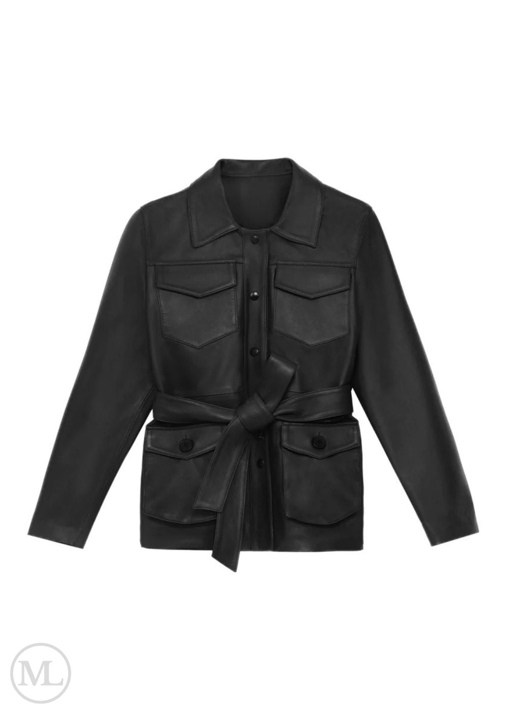 Black leather coat with a belt on a white background