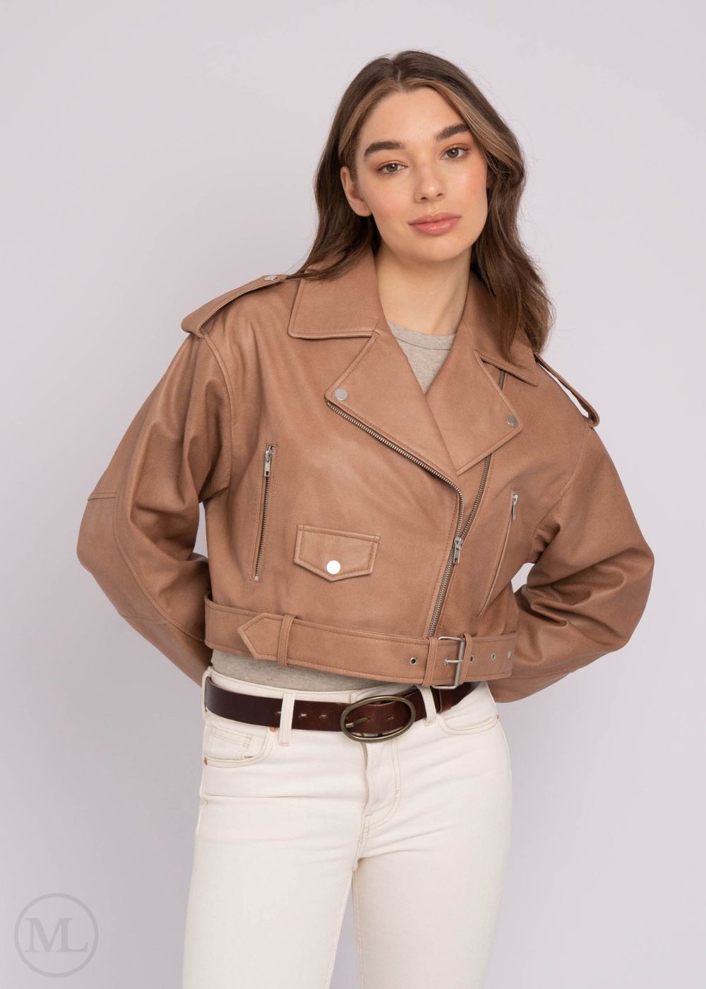 files/Kaia_Women_s_Oversized_Cropped_Biker_Leather_Jacket_with_Belt_-_Taupe_close_zip_pose.jpg